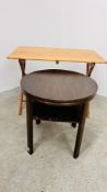 A BEECHWOOD FOLDING TEA TABLE 100 X 60CM ALONG WITH A CIRCULAR OCCASIONAL TABLE, DIAMETER 60CM.