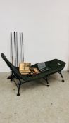 COLLECTION OF FISHING EQUIPMENT TO INCLUDE VISION CAMP BED, FLOATS, HOOKS ETC.
