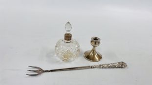 A SILVER HANDLED TOASTING FORK BIRMINGHAM 1890, A SILVER CANDLESTICK BIRMINGHAM 1948,