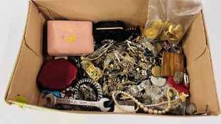 A BOX OF ASSORTED COSTUME JEWELLERY TO INCLUDE SILVER EXAMPLES ETC.