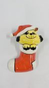 A LORNA BAILEY COLLECTORS CAT IN A CHRISTMAS STOCKING, BEARING SIGNATURE H 18CM.