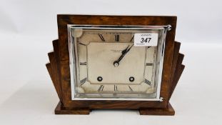 AN ART DECO WALNUT CASED MANTEL CLOCK, GARRARD CLOCKS SWINDEN & SON'S BIRMINGHAM, W 26CM X D 12.