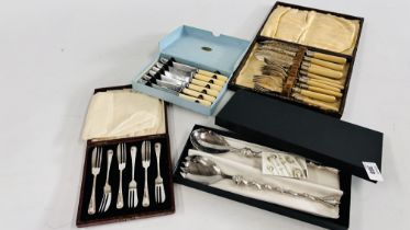 A GROUP OF BOXED CUTLERY TO INCLUDE GLOVER & SMITH SALAD SERVERS, CASED SET OF 6 CAKE FORKS.
