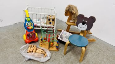 A GROUP OF WOODEN CHILDREN'S TOYS TO INCLUDE ROCKING HORSE, TEDDY BEAR, STOOL, ABACUS ETC.
