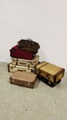 FIVE VINTAGE SUITCASES, A RED TITAN SUITCASE AND A BROWN HOLD-ALL.