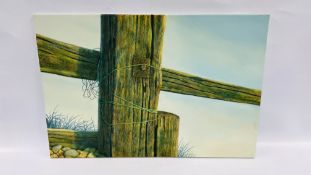 CONTEMPORARY OIL ON CANVAS "WOOD FENCE" BY MIKE ELLIS OF A PHOTO REALISTIC FENCE AND POST FROM THE