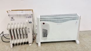 A WHITE ELECTRIC CONVECTOR PANEL HEATER ALONG WITH A TESCO MINI OIL FILLED ELECTRIC RADIATOR - SOLD