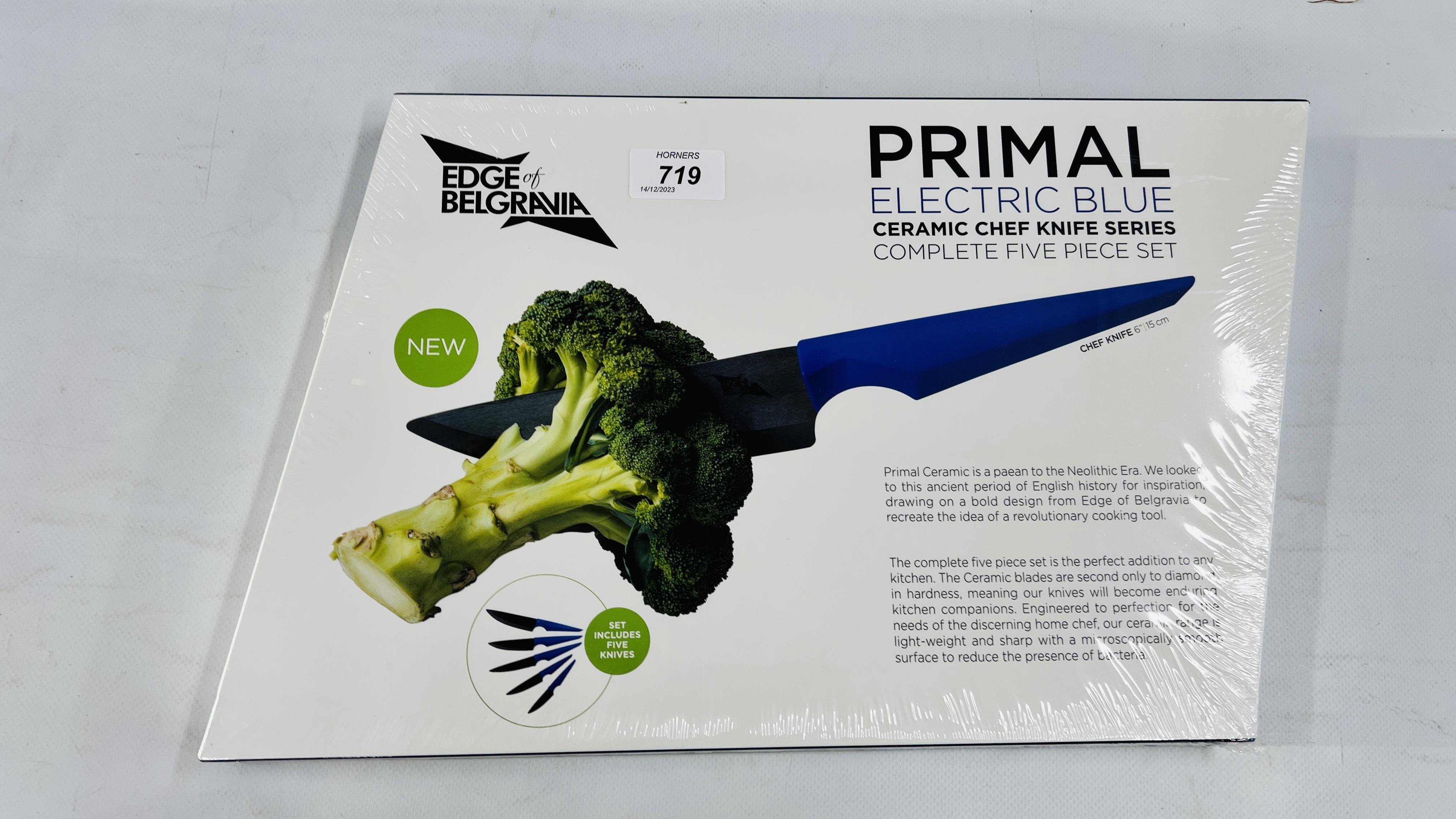 AS NEW BOXED EDGE OF BELGRAVIA PRIMAL ELECTRIC BLUE CERAMIC CHEF KNIFE SERIES COMPLETE FIVE PIECE