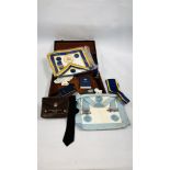 A CASE CONTAINING MASONIC REGALIA TO INCLUDE SASH, APRON, GLOVES, JEWELL, BOOKS, ETC.