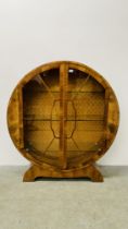 A VINTAGE ART DECO CIRCULAR DISPLAY CABINET, WALNUT FINISH WITH KEY, W 115CM X D 30CM X H 129CM.