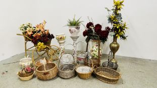 A COLLECTION OF WICKER BASKETS, ARTIFICIAL FLOWERS, VASES, JARDINIERES,, BAMBOO WHEELBARROW.