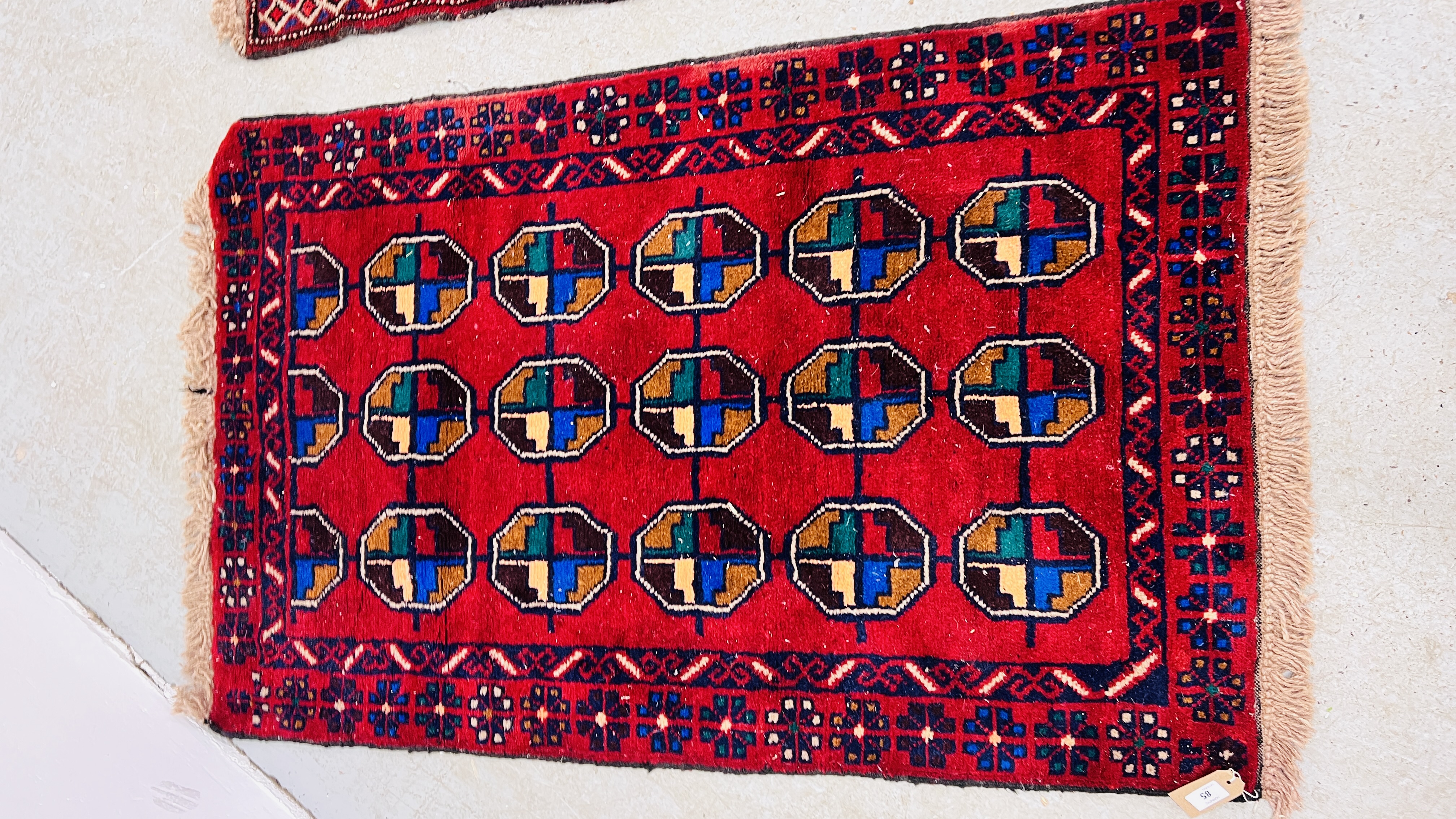 TWO RED / BLUE PATTERNED EASTERN RUGS EACH 133CM X 86CM. - Image 6 of 10