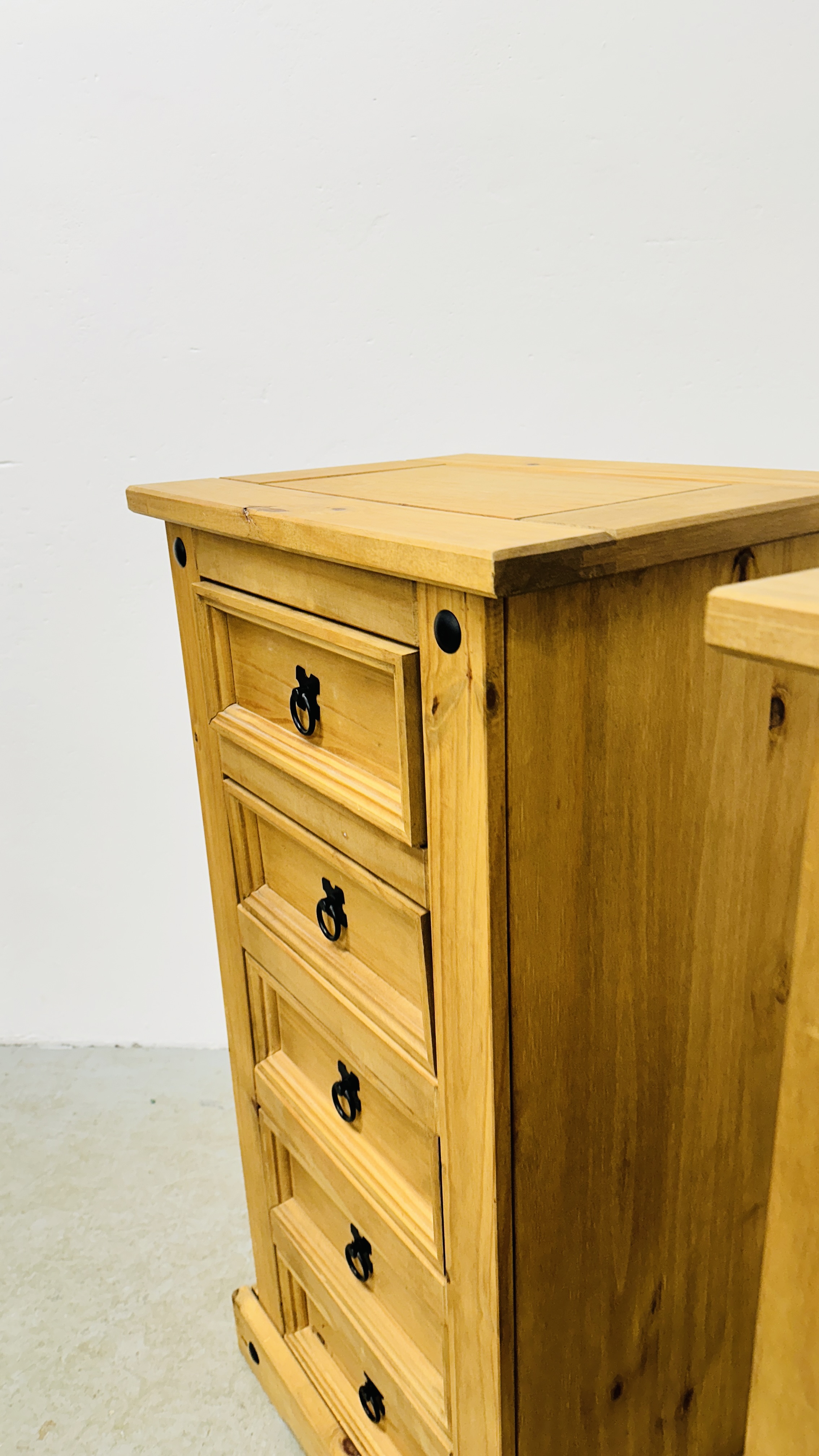 A PAIR OF FIVE DRAWER MEXICAN PINE "CORONA" TOWER CHESTS. - Image 6 of 9