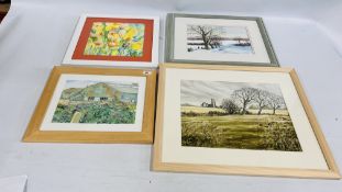 FOUR FRAMED ARTWORKS TO INCLUDE WATERCOLOUR "COVEHITHE WINTER" DAVID WEIGHT 35 X 45CM,