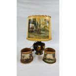 A PAIR OF VINTAGE LAMP SHADES DEPICTING 3D SCENES OF SHOOTING AND FISHING AND DECORATIVE BRASS