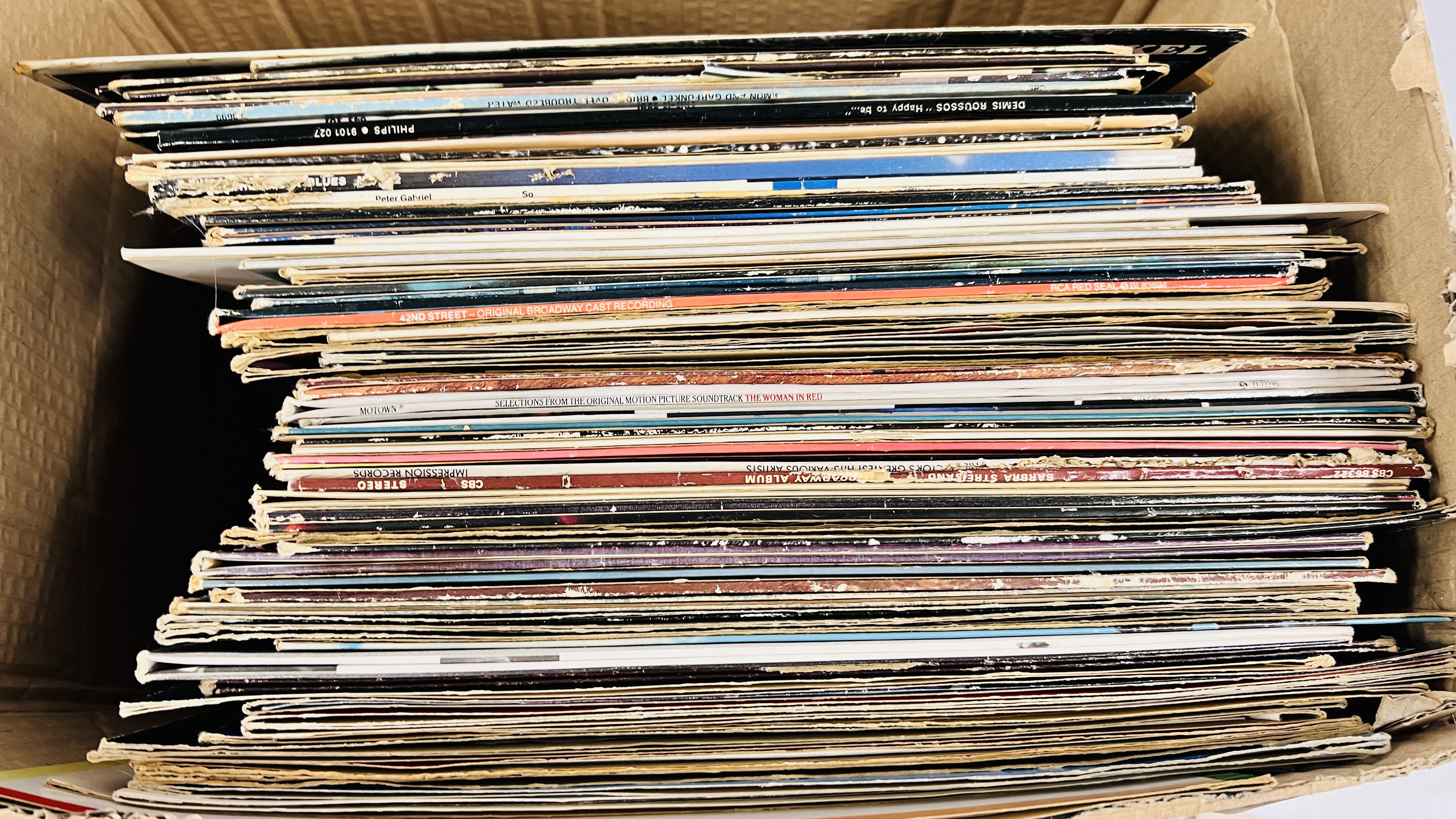 A BOX OF ASSORTED RECORDS TO INCLUDE GENESIS, DIRE STRAIGHTS, THE BEATLES, ELVIS, THE CARPENTERS, - Image 2 of 2