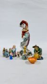 A GROUP OF ORIENTAL FIGURES TO INCLUDE 6 MINIATURE EXAMPLES AND AN UNUSUAL PORCELAIN SNUFF BOTTLE