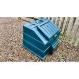 A SOLID GREEN PLASTIC COAL BUNKER WITH TOP AND FRONT ACCESS.