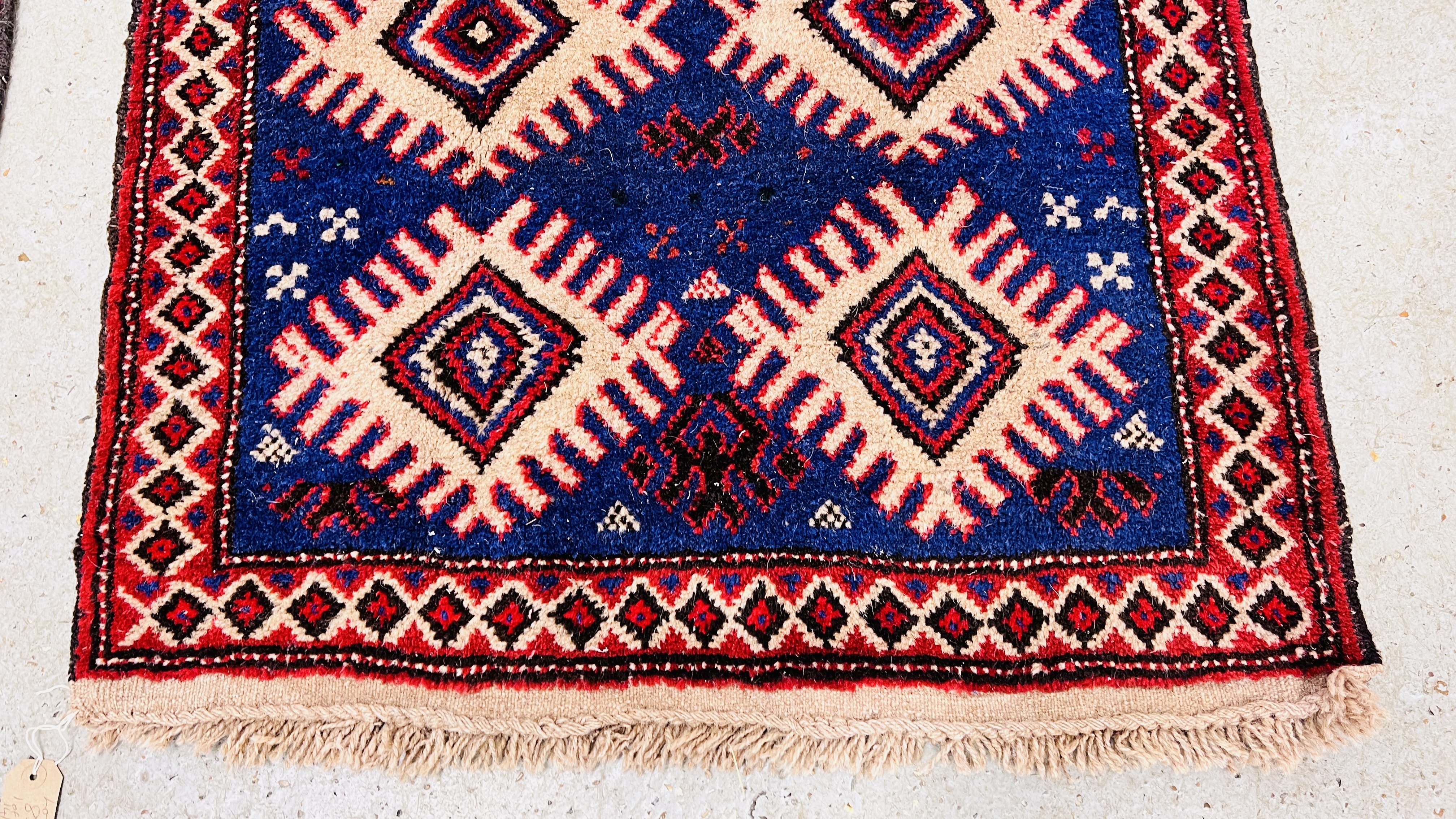 TWO RED / BLUE PATTERNED EASTERN RUGS EACH 133CM X 86CM. - Image 3 of 10