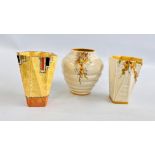 A GROUP OF THREE CROWN DUCAL VASES TO INCLUDE EXAMPLE DECORATED WITH FRUITING BRANCHES.