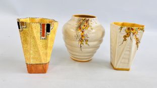 A GROUP OF THREE CROWN DUCAL VASES TO INCLUDE EXAMPLE DECORATED WITH FRUITING BRANCHES.