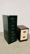 A FOUR DRAWER GREEN STEEL FILING CABINET ALONG WITH A SILVERLINE TWO DRAWER STEEL FILING CABINET.