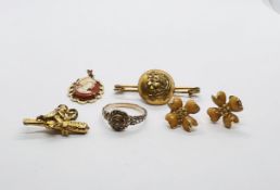 A GROUP OF JEWELLERY TO INCLUDE A PAIR OF FLORAL ENAMELED CLIP ON EARRINGS, 9CT GOLD CAMEO PENDANT,