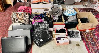 8 BOXES OF MIXED LADY'S FOOTWEAR, HATS, BAGS, SOME BAGS AS NEW ETC.