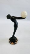 A LATE C20th COPY OF A 1920s BRONZE FIGURE OF A WOMAN HOLDING A HARDSTONE GLOBE ON CIRCULAR MARBLE