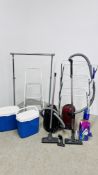 TWO MIELE VACUUM CLEANERS ALONG WITH A FLASH POWERMOP, CLOTHES AIRER, CLOTHES RACK,