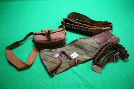 COLLECTION OF SHOOTING ACCESSORIES TO INCLUDE CANVAS AND LEATHER CARTRIDGE BELTS (.