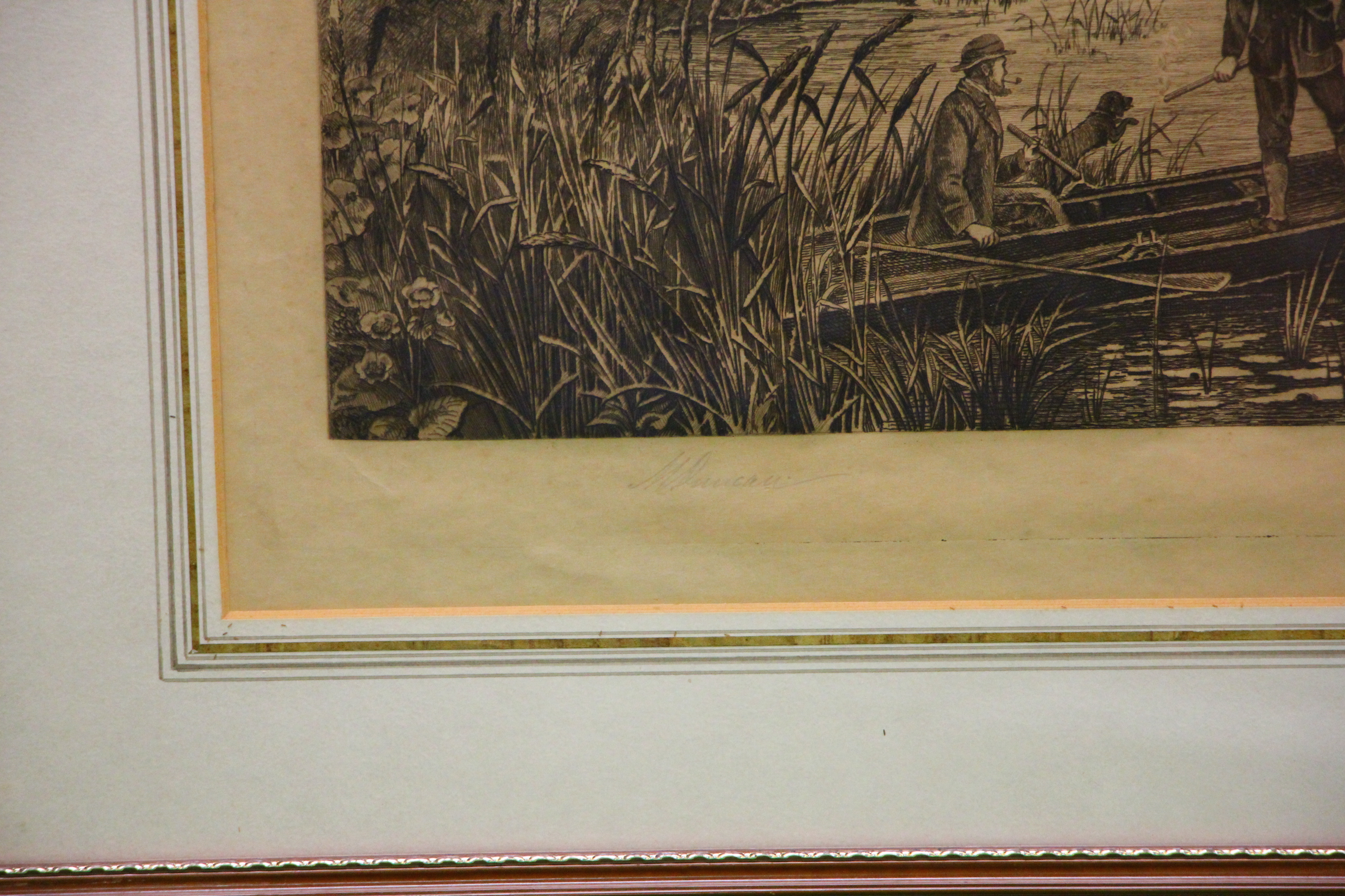 A PAIR OF FRAMED AND MOUNTED VINTAGE COUNTRY SHOOTING ETCHINGS BEARING SIGNATURE M DUNCAN - Image 4 of 9