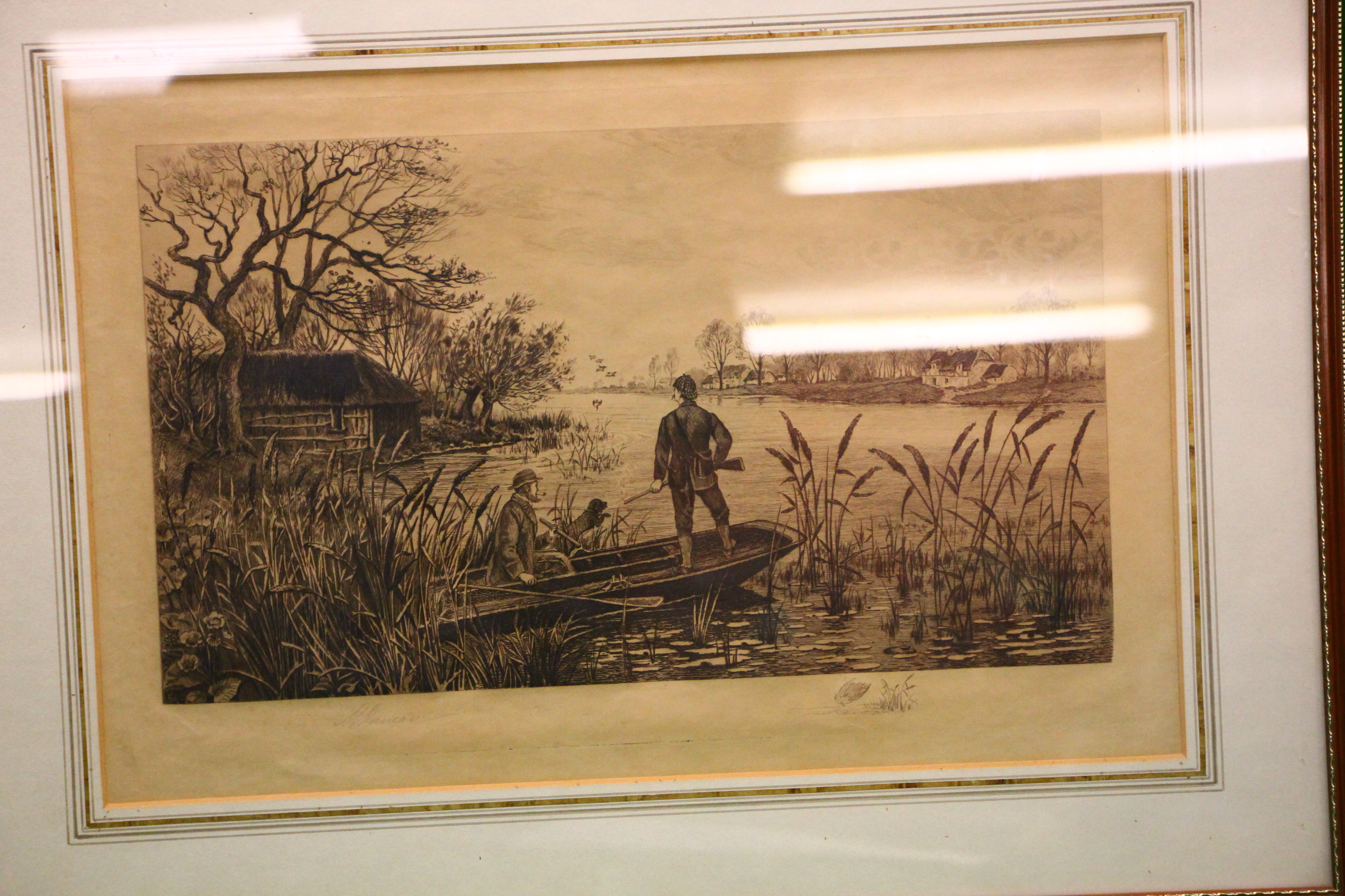 A PAIR OF FRAMED AND MOUNTED VINTAGE COUNTRY SHOOTING ETCHINGS BEARING SIGNATURE M DUNCAN - Image 2 of 9