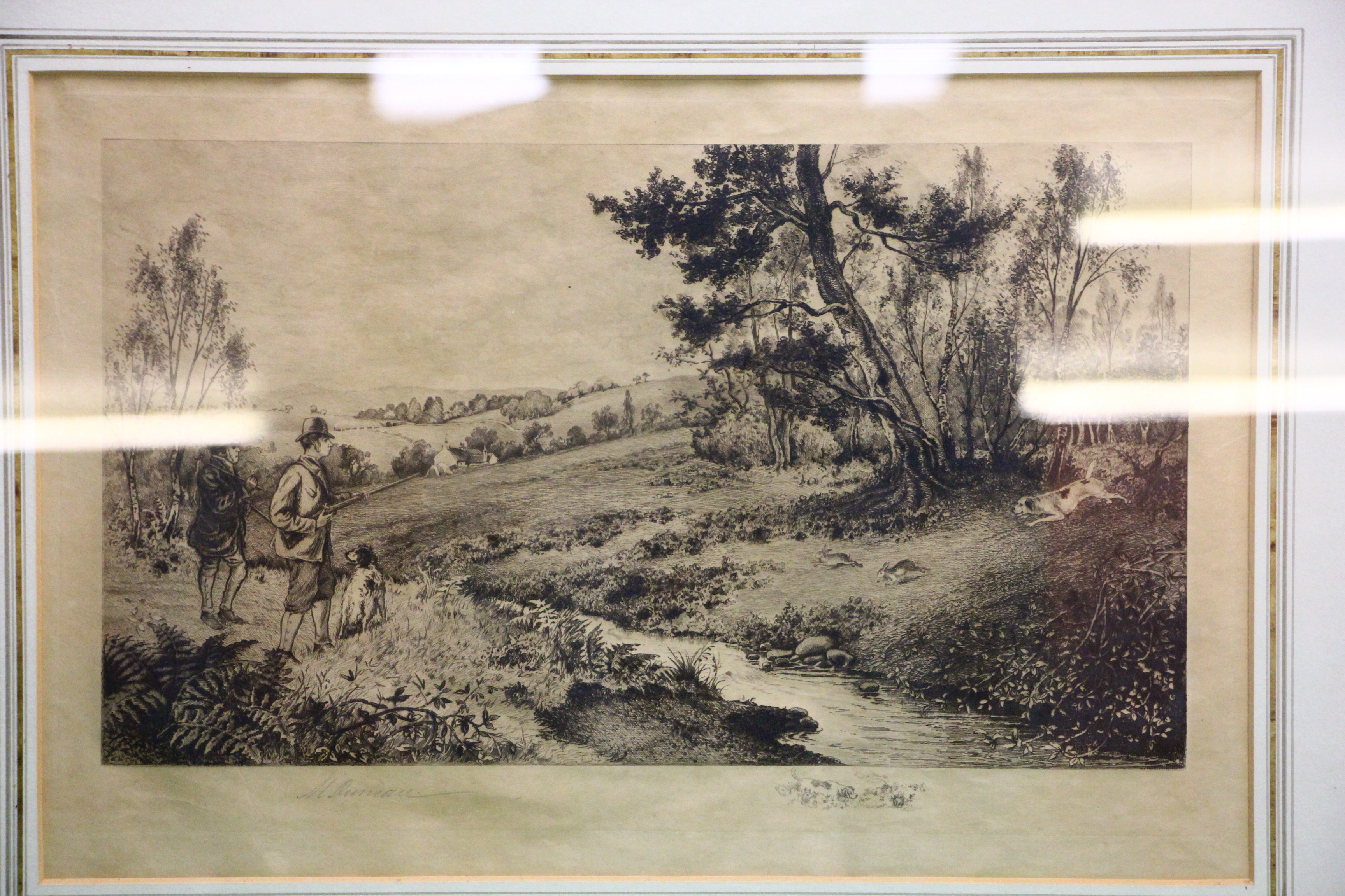 A PAIR OF FRAMED AND MOUNTED VINTAGE COUNTRY SHOOTING ETCHINGS BEARING SIGNATURE M DUNCAN - Image 6 of 9