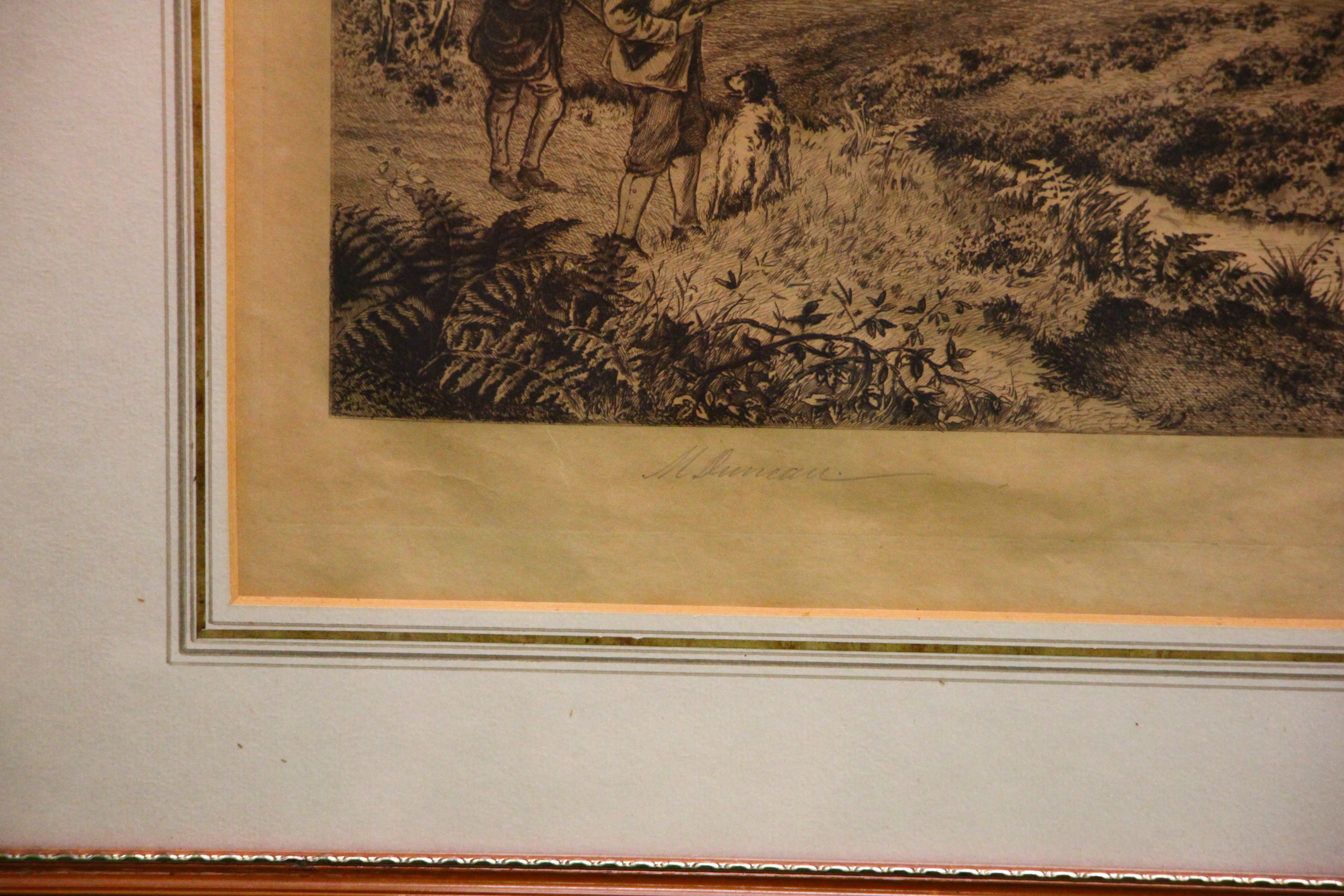 A PAIR OF FRAMED AND MOUNTED VINTAGE COUNTRY SHOOTING ETCHINGS BEARING SIGNATURE M DUNCAN - Image 8 of 9