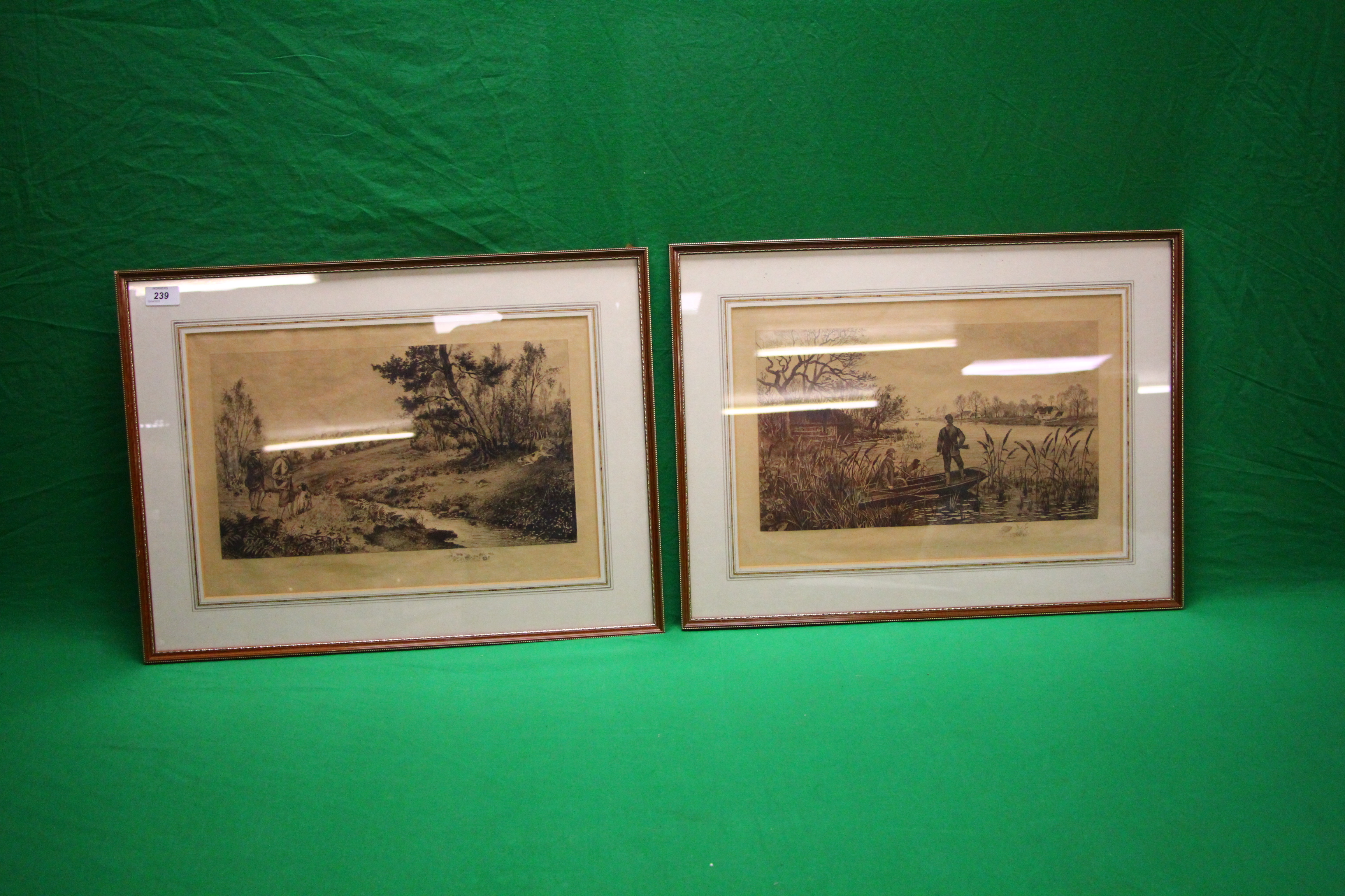 A PAIR OF FRAMED AND MOUNTED VINTAGE COUNTRY SHOOTING ETCHINGS BEARING SIGNATURE M DUNCAN