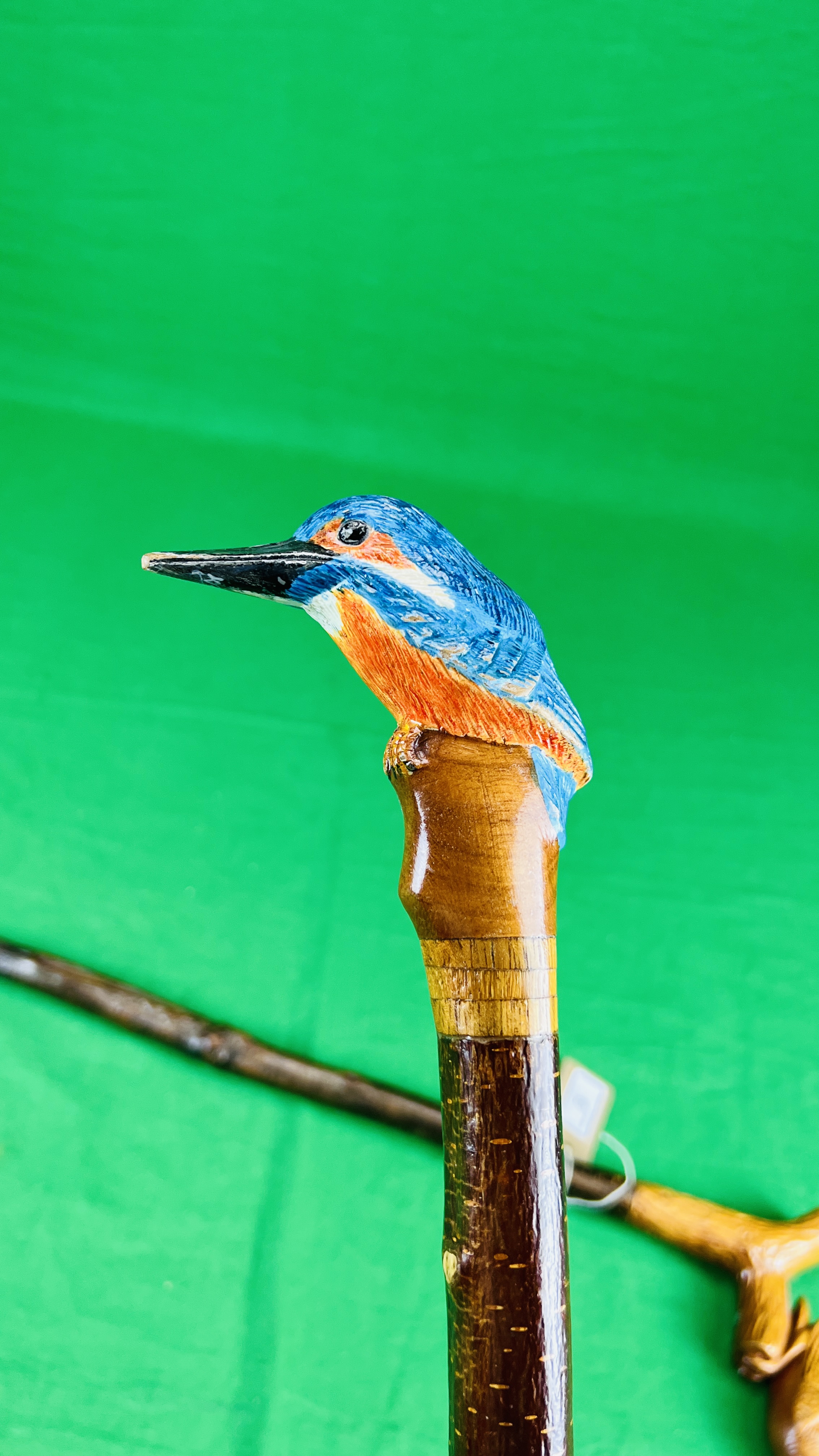 TWO RUSTIC WALKING STICKS WITH HANDCARVED KINGFISHER FINIALS - NO POSTAGE OR PACKING AVAILABLE - Image 2 of 7