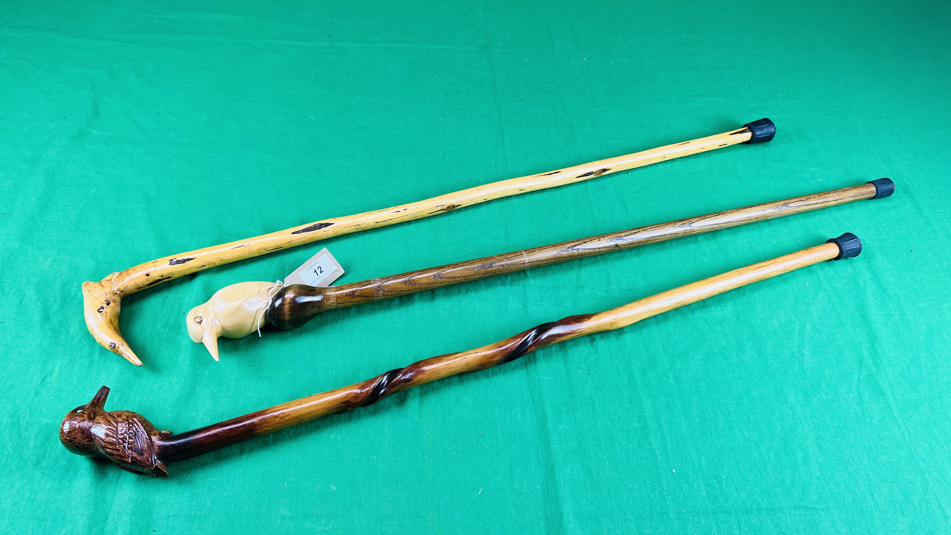 THREE WALKING CANES WITH HAND CARVED KINGFISHER FINIALS (ONE BEAK A/F) - NO POSTAGE OR PACKING - Image 5 of 5