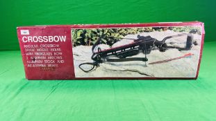 ARMEX 150 LB DRAWER BACK CROSS BOW WITH ALUMINIUM STOCK, ADJUSTABLE SIGHTS,