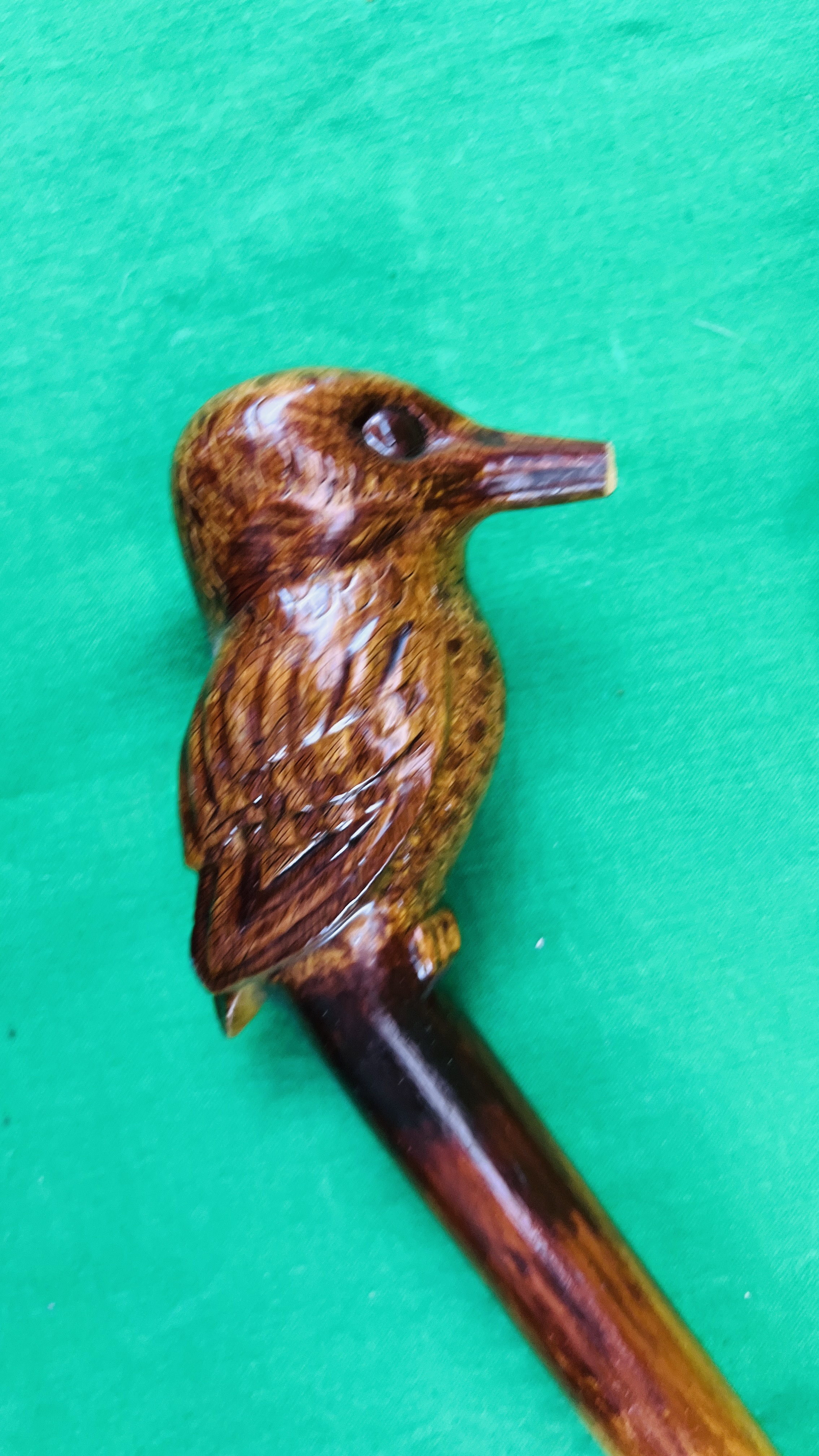 THREE WALKING CANES WITH HAND CARVED KINGFISHER FINIALS (ONE BEAK A/F) - NO POSTAGE OR PACKING - Image 4 of 5