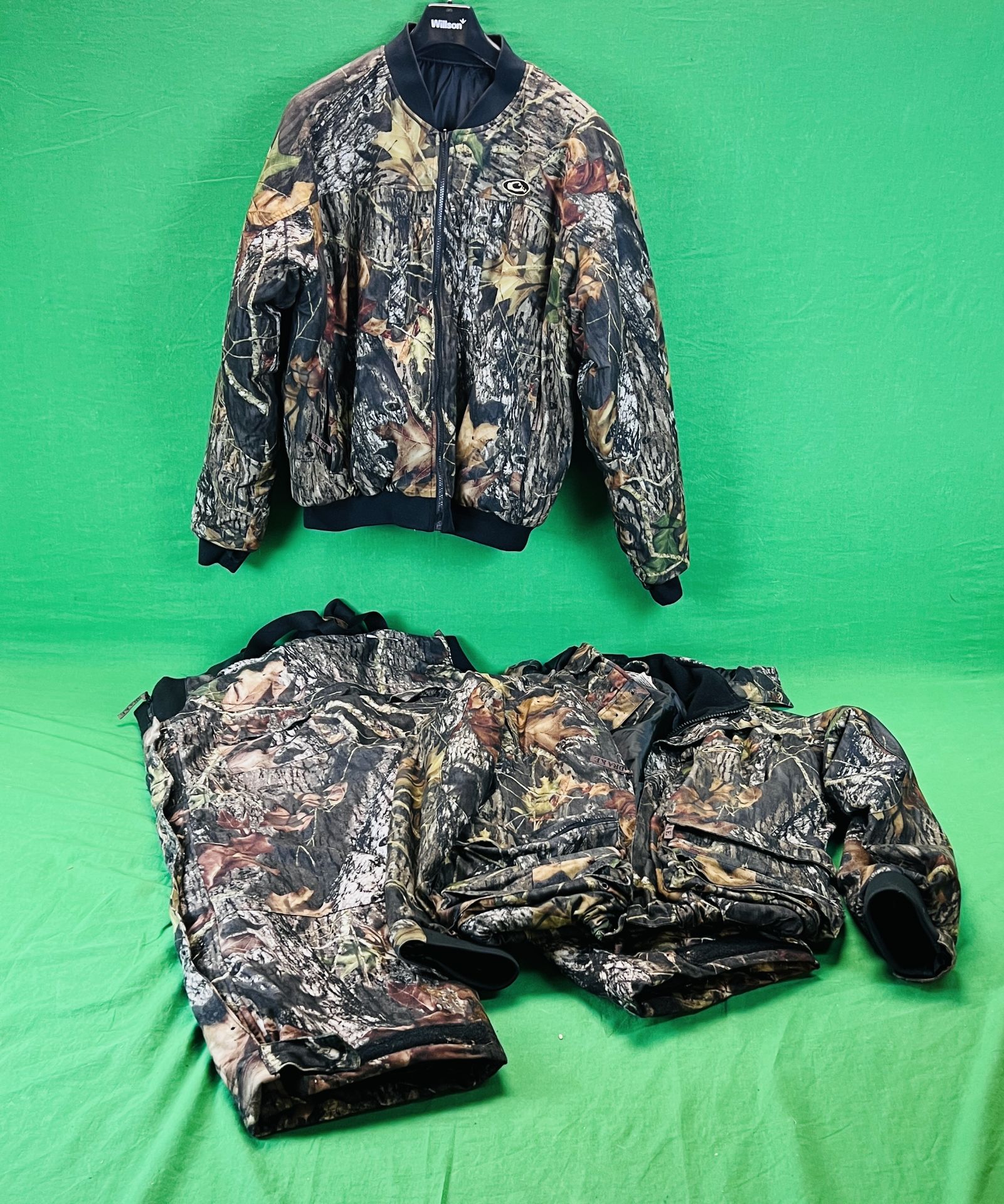 THREE PIECES OF DRAKE CAMO CLOTHNG TO INCLUDE HOODED SHOOTING JACKET,