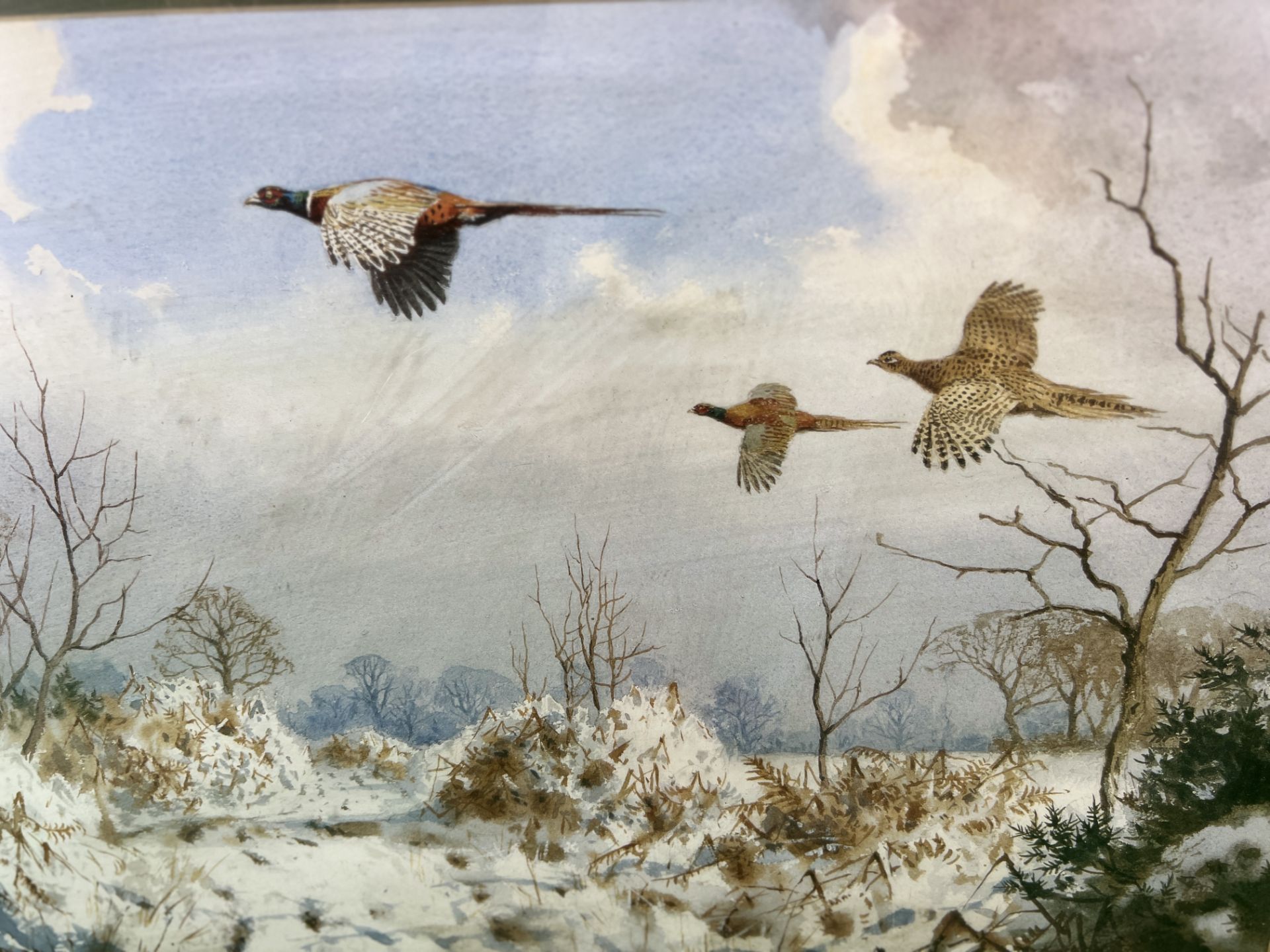 A GILT FRAMED PRINT DEPICTING PHEASANT IN FLIGHT OVER A SNOW COVERED LANDSCAPE BY HARRISON, - Image 5 of 5