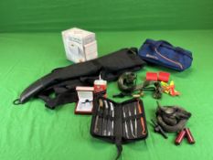 A COLLECTION OF SHOOTING ACCESSORIES TO INCLUDE EXPRESS OIL, MARKSMAN CLOTH, EYE COVER,