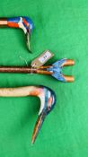 TWO WALKING STICKS WITH HANDCARVED AND PAINTED DUCK HEAD DETAIL AND A FURTHER THUMB STICK WITH