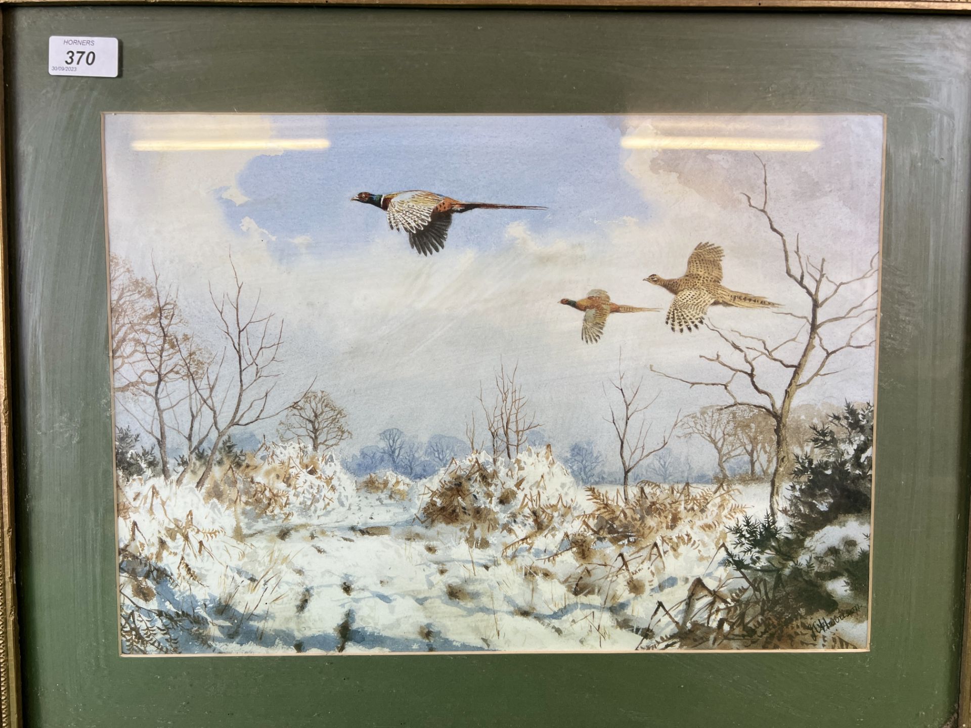 A GILT FRAMED PRINT DEPICTING PHEASANT IN FLIGHT OVER A SNOW COVERED LANDSCAPE BY HARRISON, - Image 2 of 5