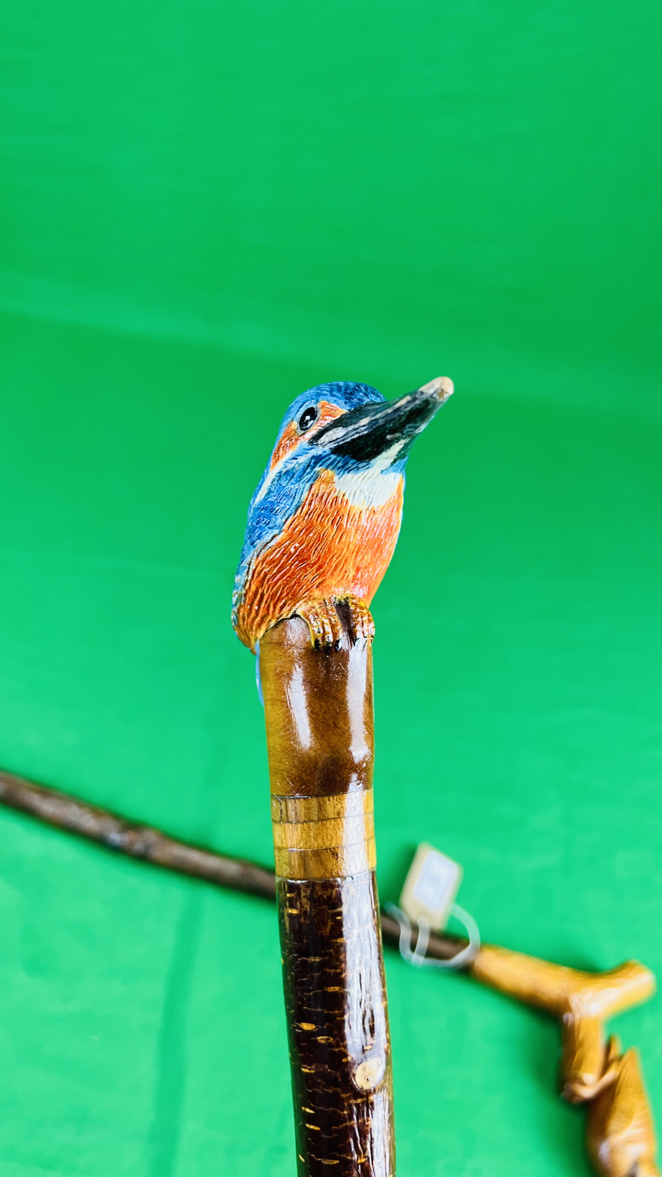 TWO RUSTIC WALKING STICKS WITH HANDCARVED KINGFISHER FINIALS - NO POSTAGE OR PACKING AVAILABLE - Image 3 of 7