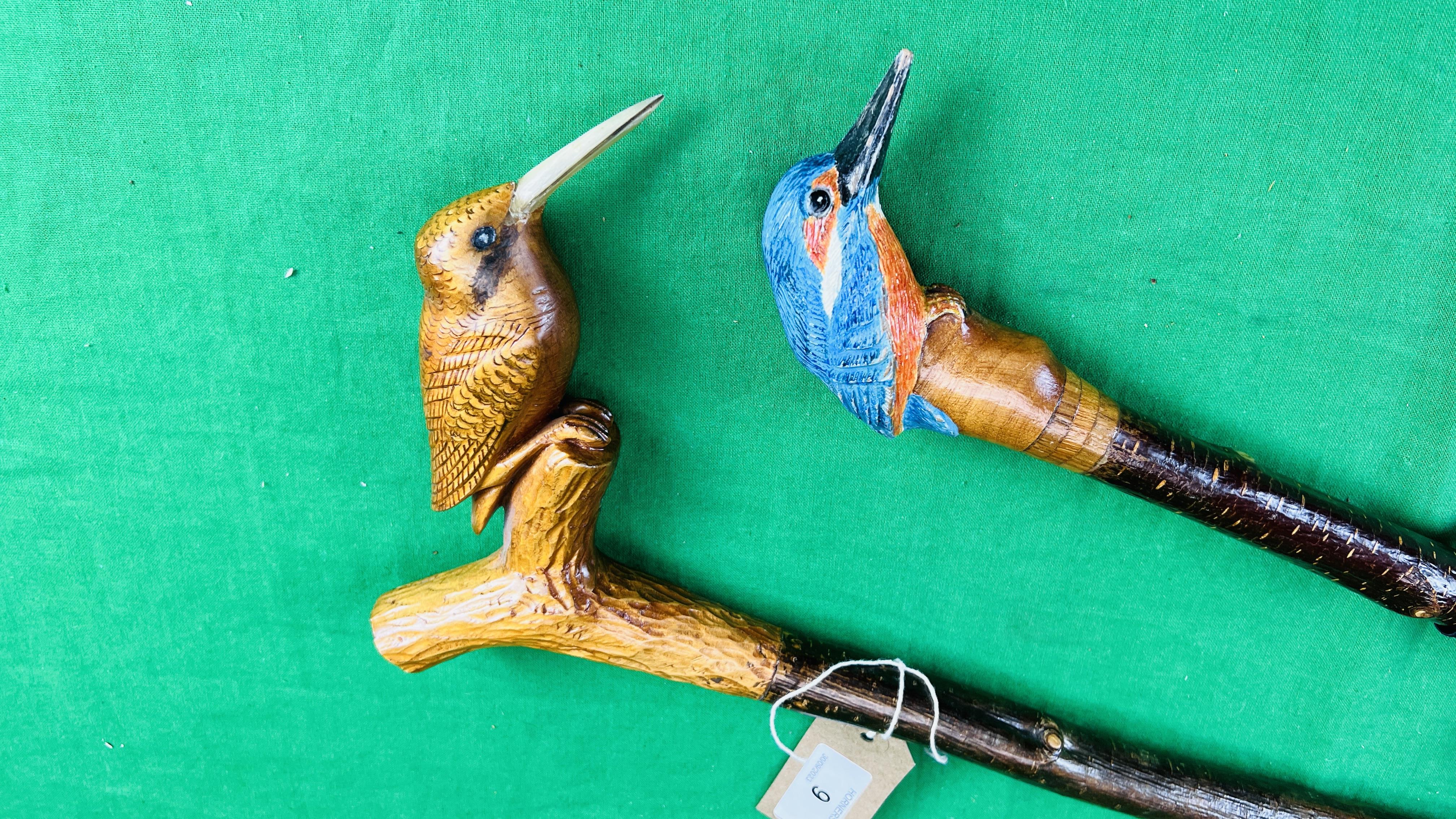 TWO RUSTIC WALKING STICKS WITH HANDCARVED KINGFISHER FINIALS - NO POSTAGE OR PACKING AVAILABLE