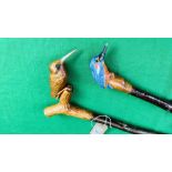 TWO RUSTIC WALKING STICKS WITH HANDCARVED KINGFISHER FINIALS - NO POSTAGE OR PACKING AVAILABLE