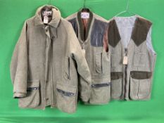 BEAVER SIZE 42 TWEED SHOOTING COAT ALONG WITH BEAVER TWEED WAIST COAT AND ONE OTHER TWEED WAIST