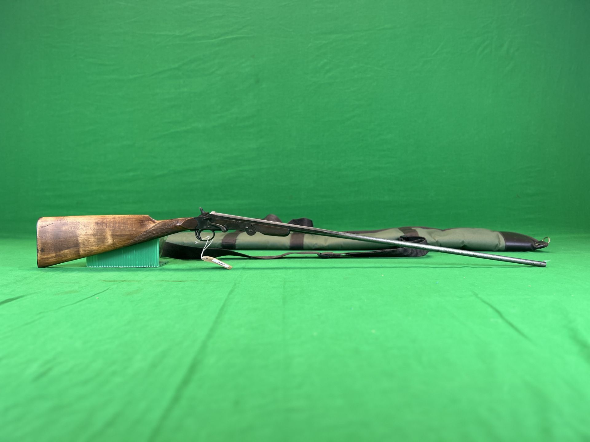 BELGIAN SINGLE SHOT 9MM SHOTGUN # 6462 COMPLETE WITH 25 FIOCCHI 36PL CARTRIDGES AND GREEN CANVAS